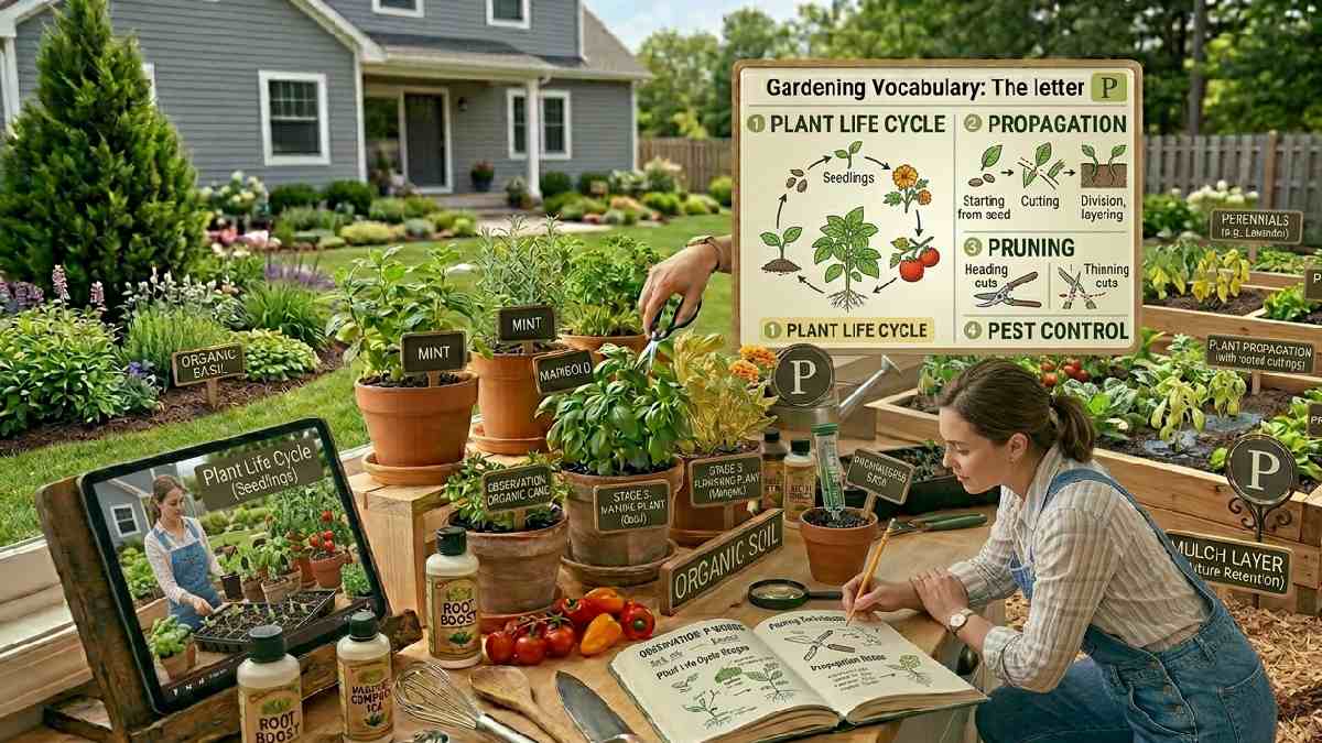 Gardening words starting with P include plant life cycle, propagation, pruning, and photosynthesis, helping explain plant growth and care techniques.