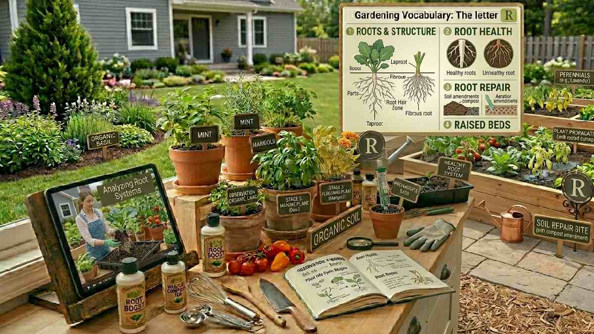 Gardening words starting with R include roots, root health, and soil repair, helping improve plant growth, soil care, and overall garden understanding.