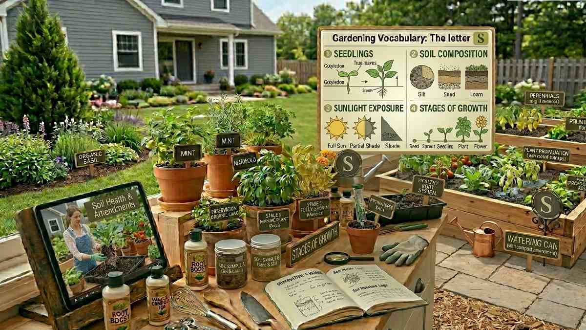 Gardening words starting with S include seedling, soil, and stages of growth, helping understand plant development and improve gardening care skills.