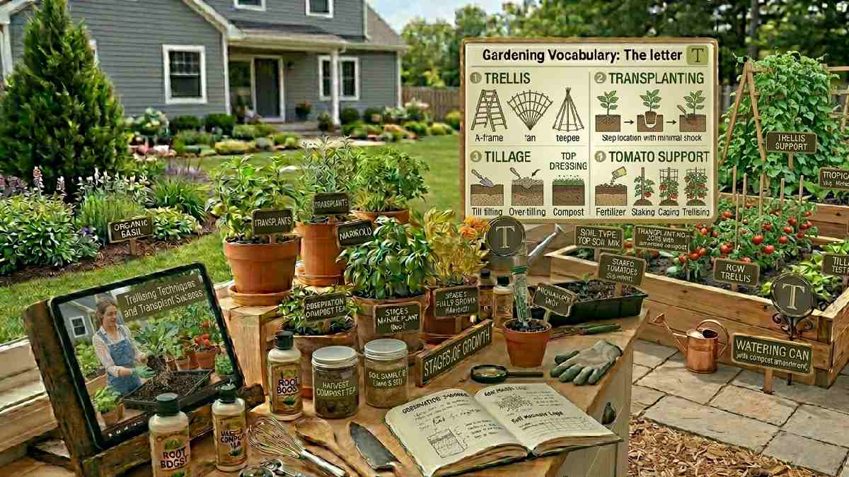 Gardening words starting with T include trellis, transplanting, and soil types, helping improve plant support, structure, and overall gardening care.