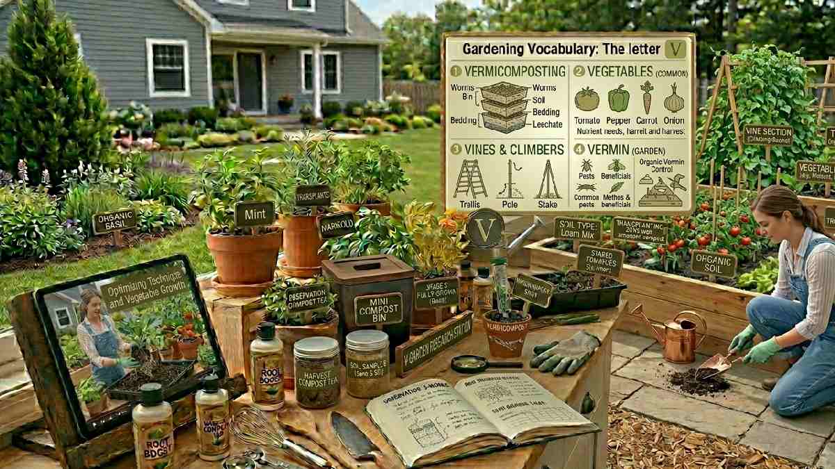 Gardening words starting with V include vermicompost and vegetable gardening, which help improve soil fertility and support healthy plant growth naturally.