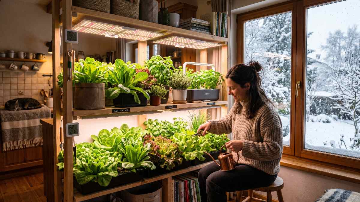 Fresh vegetables growing under LED lights in a warm home with rain visible outside showing year round indoor vegetable gardening success. 