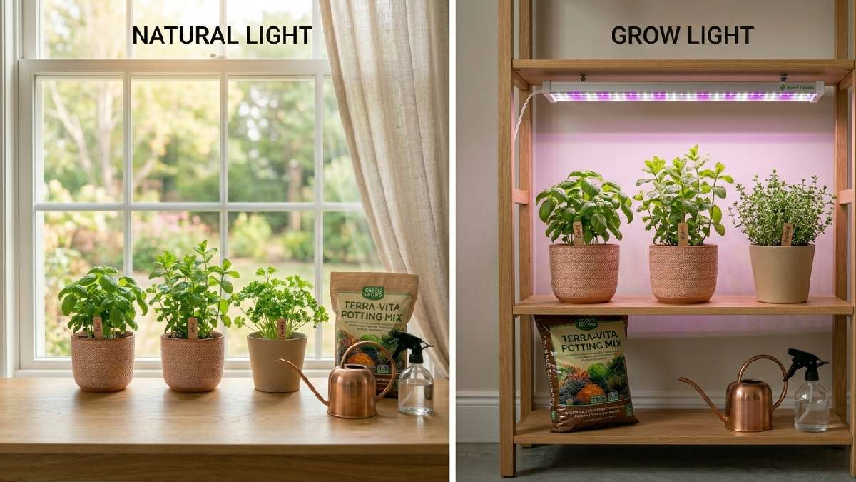 Two indoor herb setups side by side showing natural window sunlight versus LED grow light for consistent indoor herb growth at home.