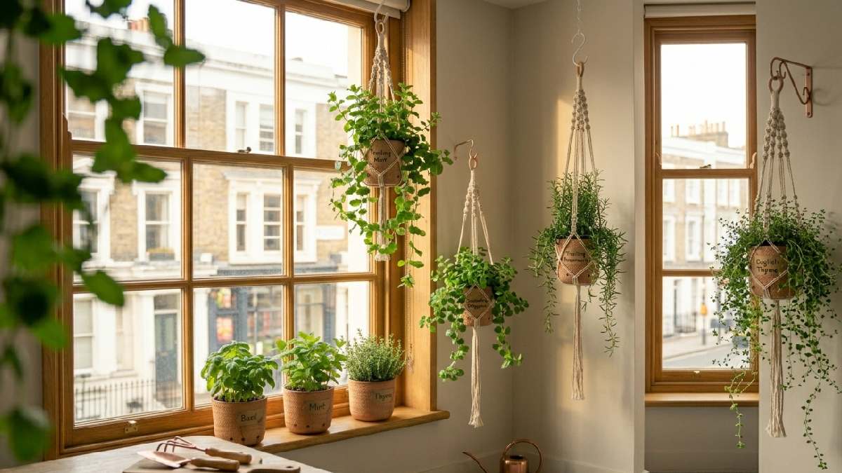 Green herb plants in hanging pots suspended from ceiling hooks saving floor space in a bright and cozy small apartment interior. 
