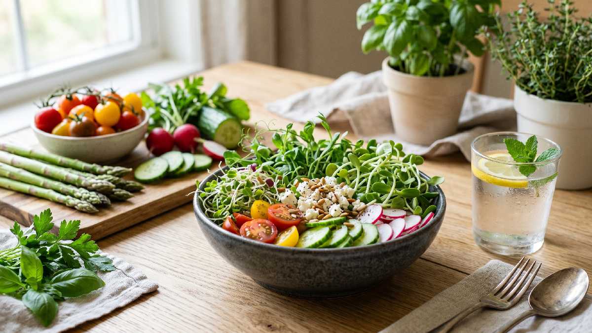 A fresh microgreen salad bowl with vibrant tiny green shoots beside fresh vegetables showing healthy nutritious and natural daily eating benefits.