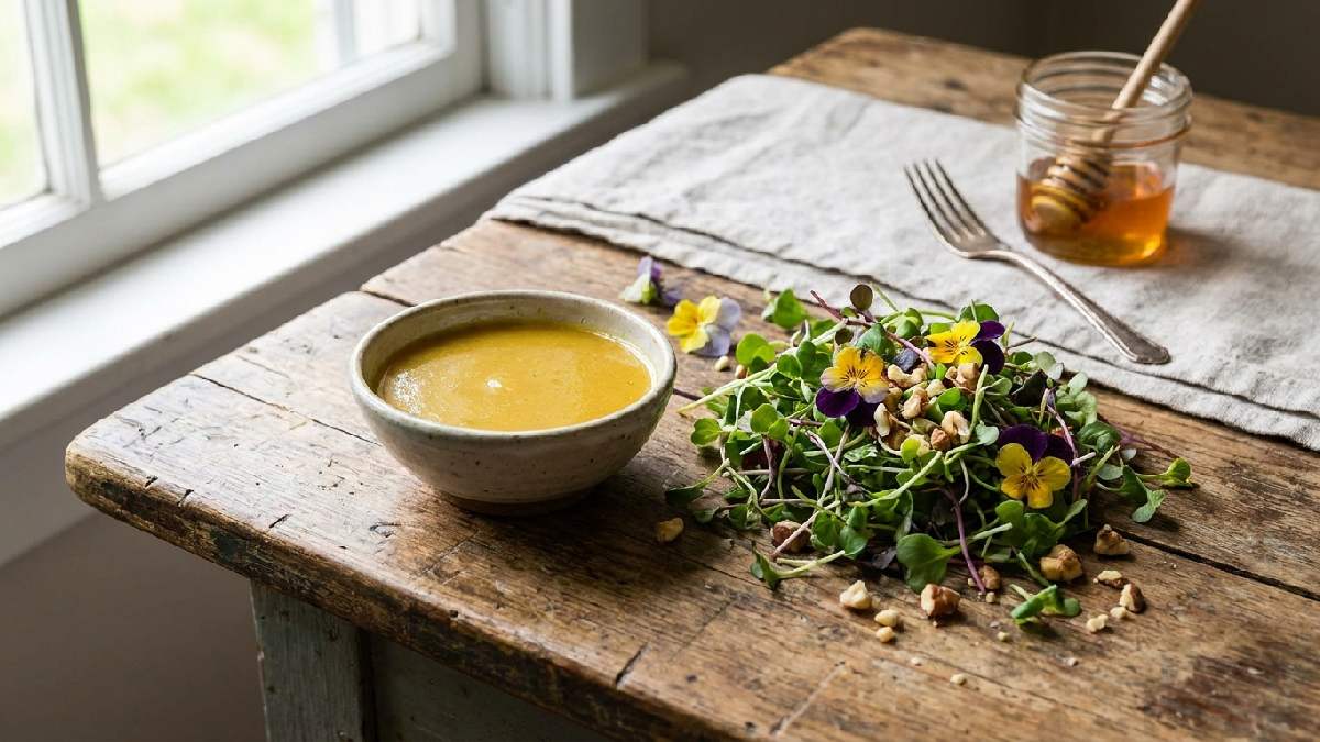 “Honey mustard dressing with fresh salad.”