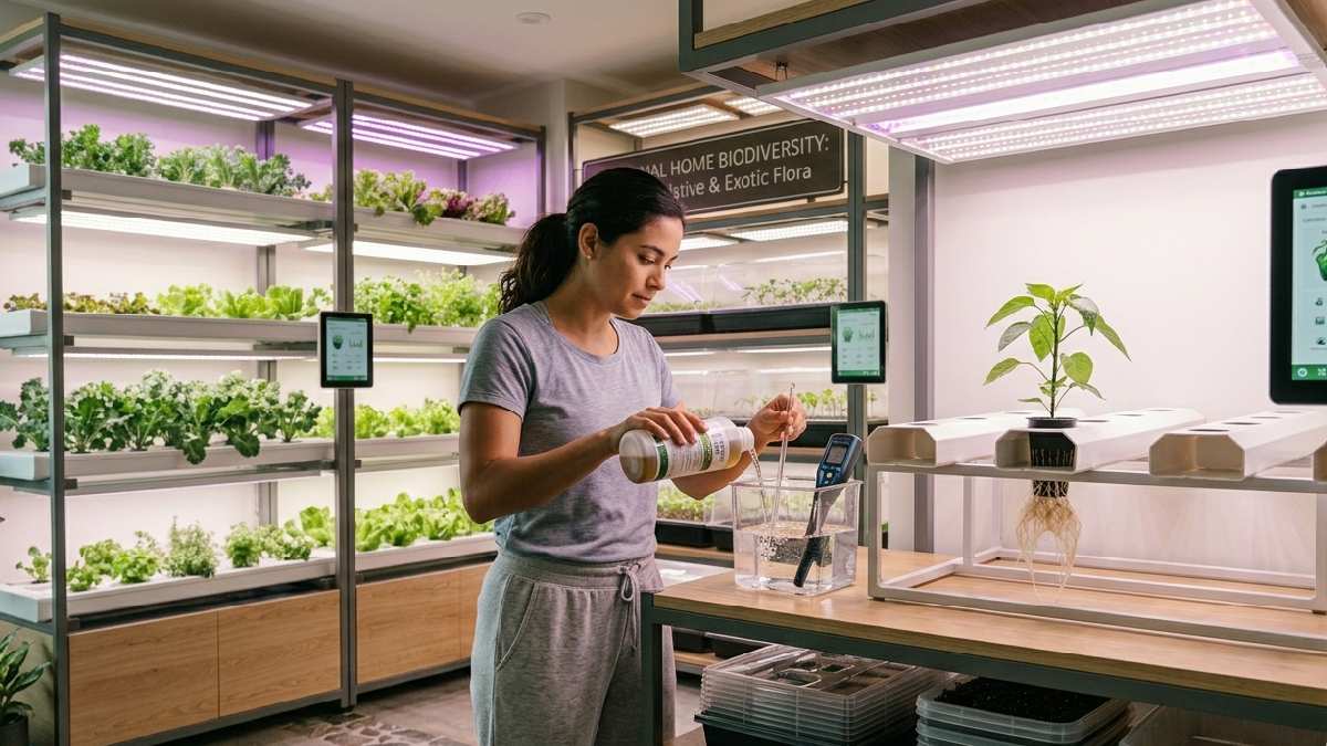A person managing an indoor gardening system with LED lights, nutrient solution, and plant roots in net pots showing controlled home growing. 