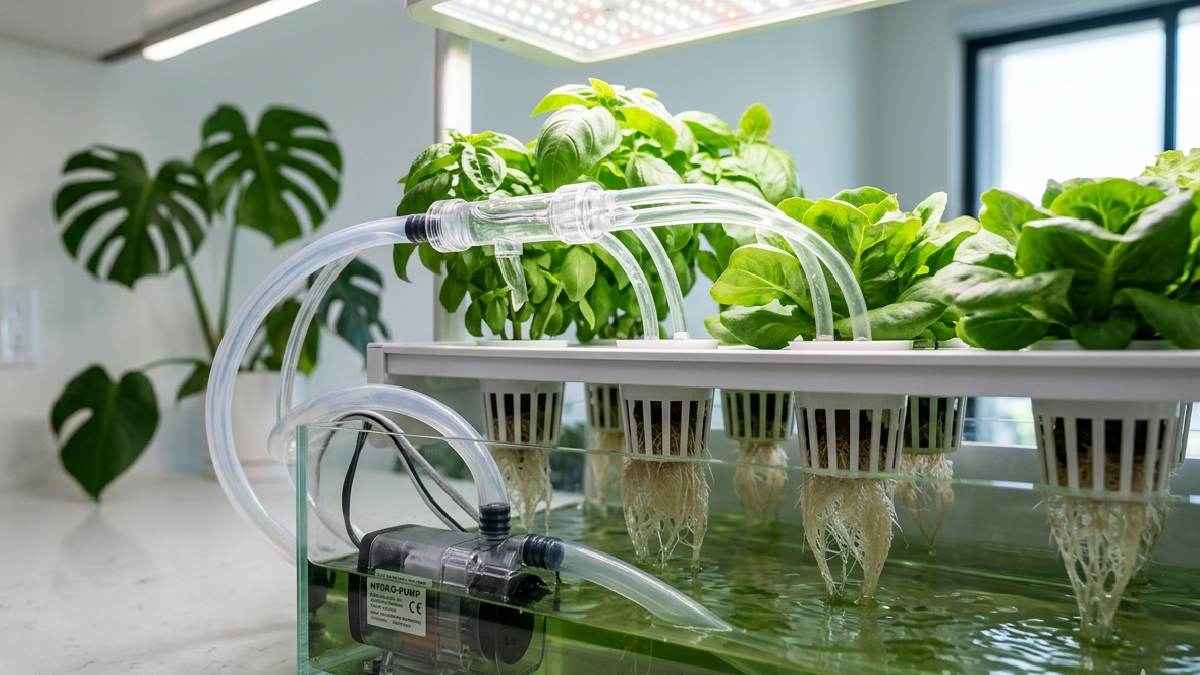 An indoor hydroponic system with a water pump circulating nutrient rich water through tubes to plant roots in net pots at home. 