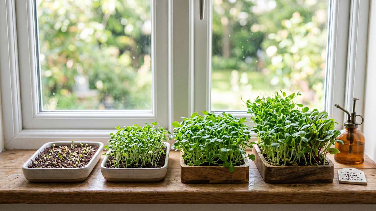 Microgreens at different growth stages from sprouting seeds to harvest ready shoots in small trays showing fast 7 to 14 day home growing.