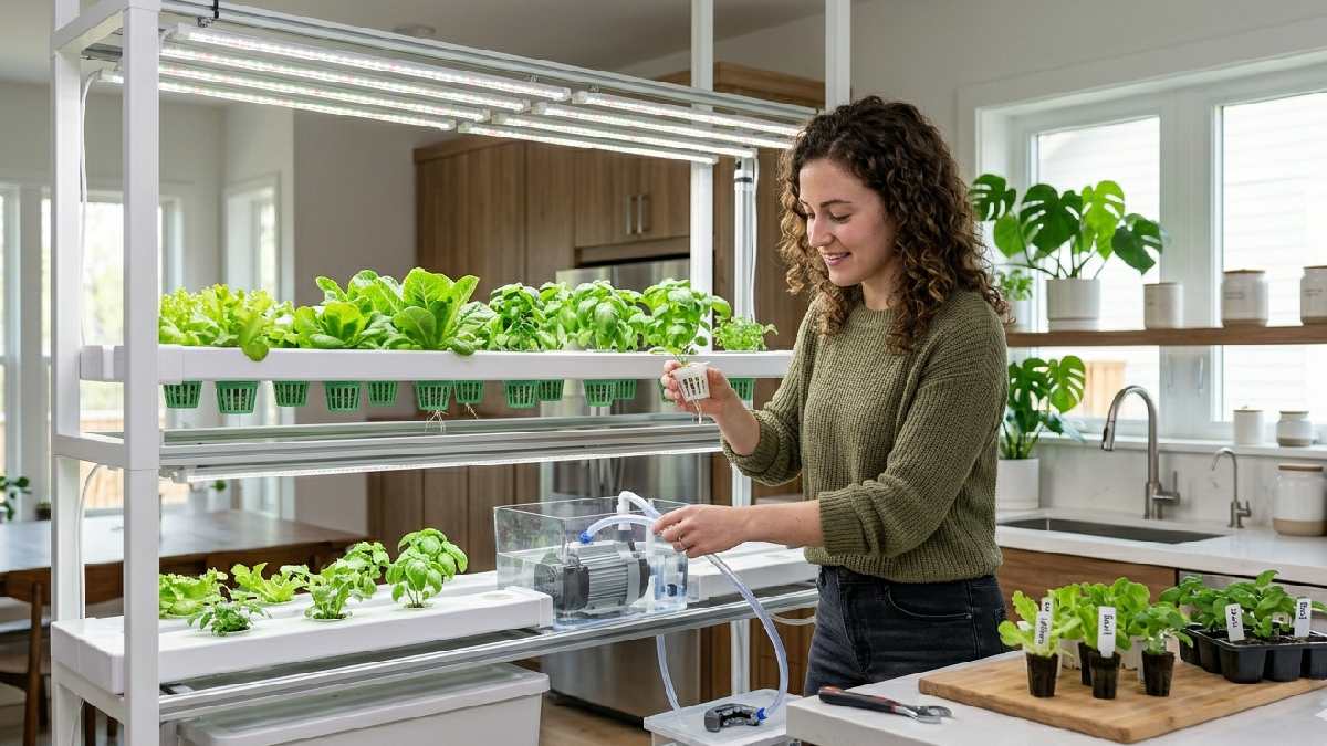 A person assembling an indoor hydroponic garden at home connecting tubes to a reservoir with grow lights and seedlings ready to plant. 