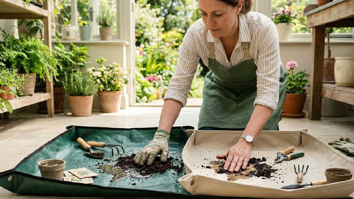 A gardener comparing different gardening mats based on durability, soil and water resistance, and easy folding for everyday plant care and repotting work. 