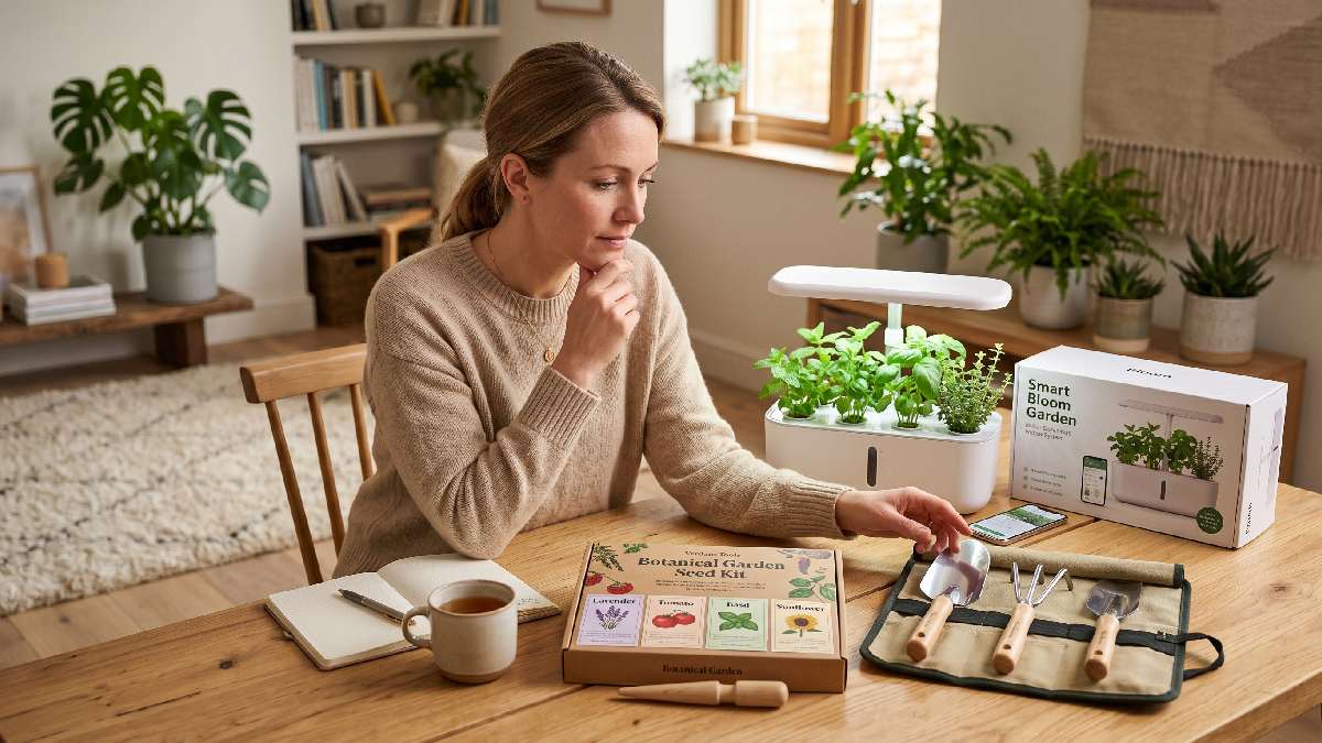 A person choosing between different gardening gift options including tool sets, seed kits, and smart systems on a wooden table showing how to pick the right gardening present.