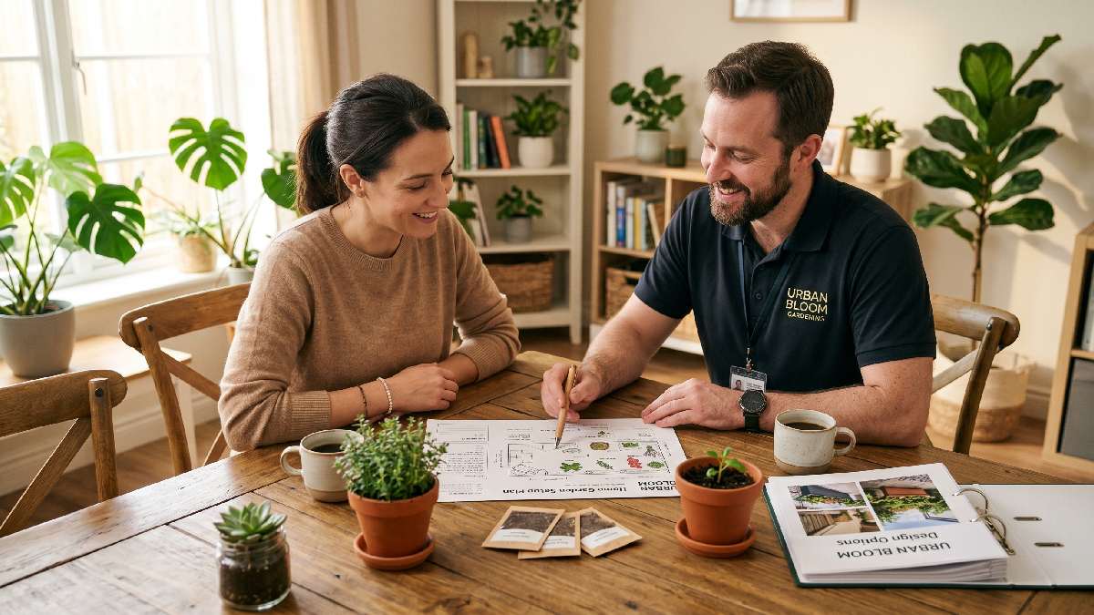 A person consulting with a professional gardening service expert reviewing plant setup plans showing how to choose the right urban gardening service. 