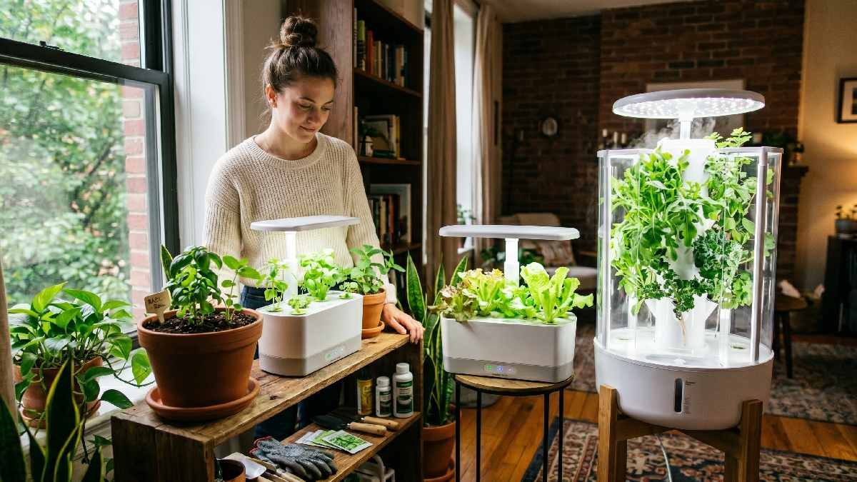 A beginner comparing soil pot, hydroponic kit, and aeroponic system in a home space to choose the right indoor gardening system. 