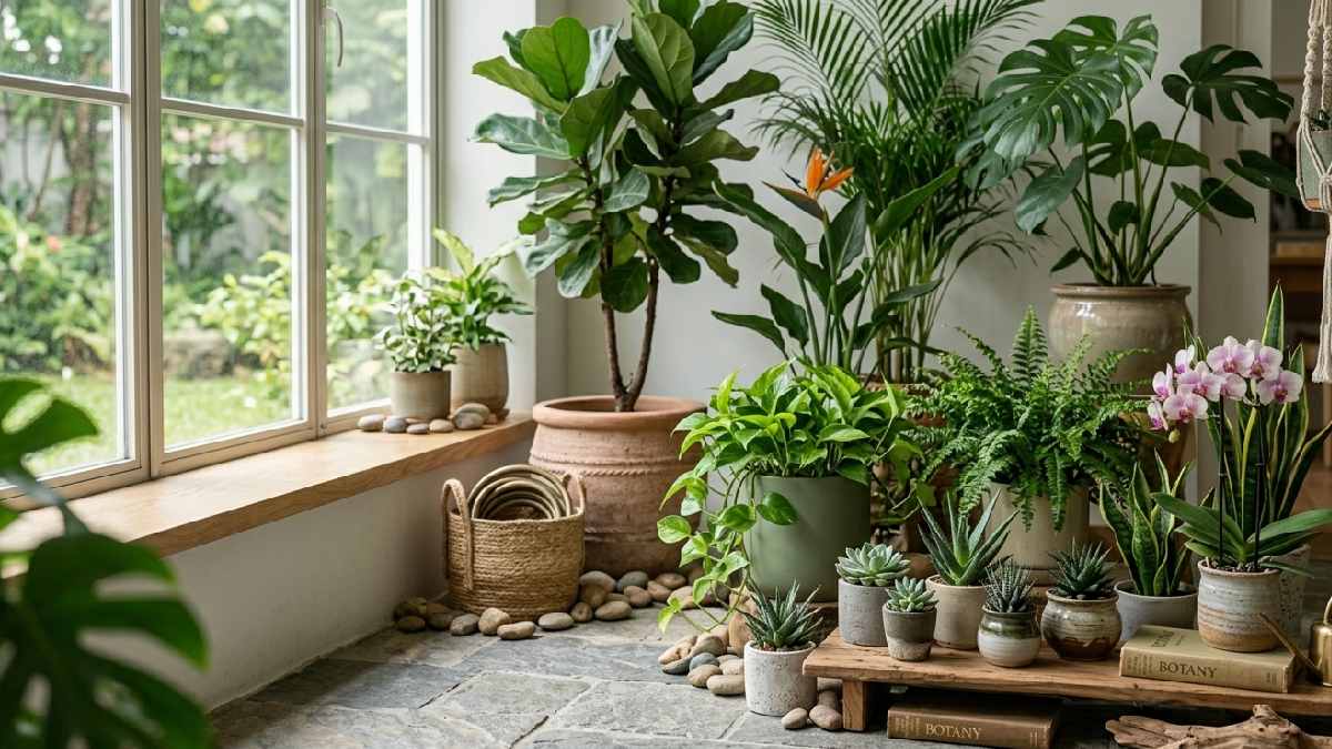 A beautifully arranged indoor botanical garden corner at home with layered plants, decorative pots, and soft natural light creating a calm green space. 