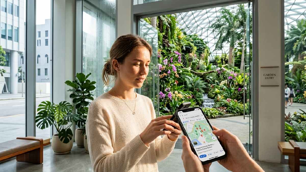 A person searching for indoor botanical gardens on a smartphone map app with a lush green garden entrance visible nearby in an urban setting. 