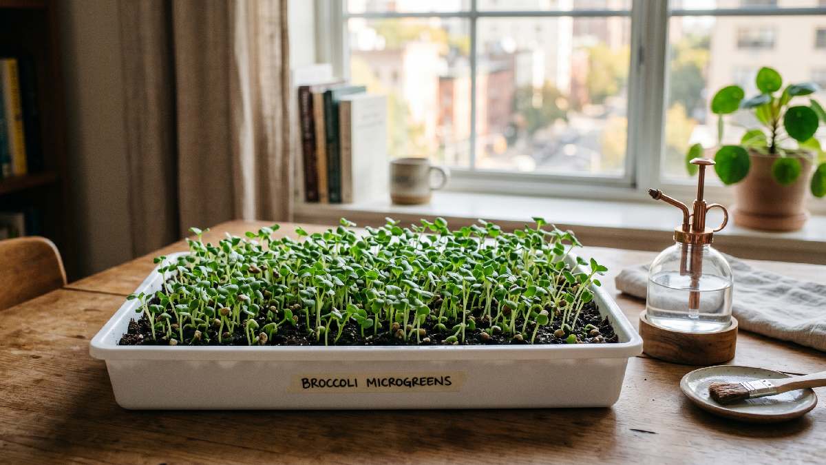 A simple broccoli microgreen tray with sprouting seeds on an apartment table beside a spray bottle showing easy beginner friendly home growing setup.