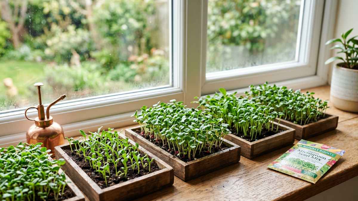 Small trays of freshly growing microgreens near a bright home window with a watering can showing a simple easy home growing setup.