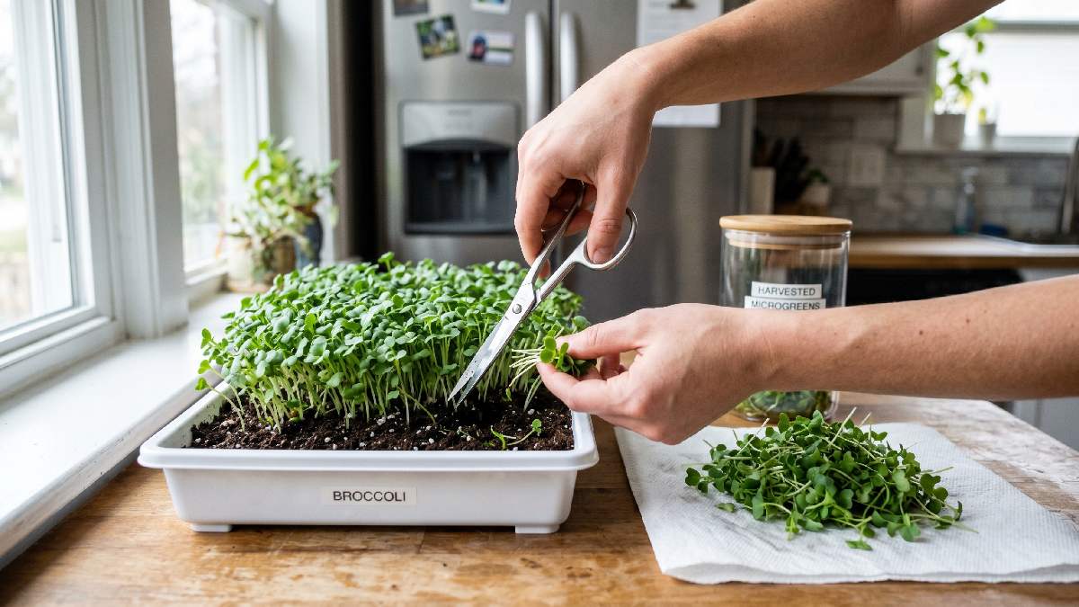 Hands cutting fresh broccoli microgreens with scissors above soil level then drying and storing in an airtight container showing proper harvest and storage at home.