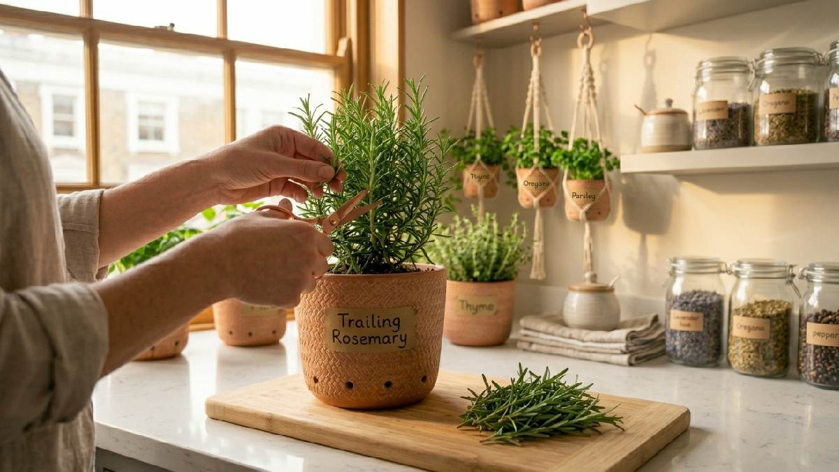 Hands trimming fresh herb leaves from a potted plant with scissors and storing them in jars on a bright kitchen counter at home. 