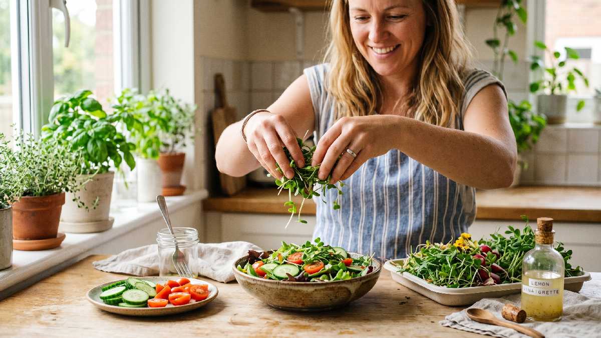 A person assembling a simple microgreen salad at home with fresh greens, sliced vegetables, and light dressing on a clean kitchen counter.