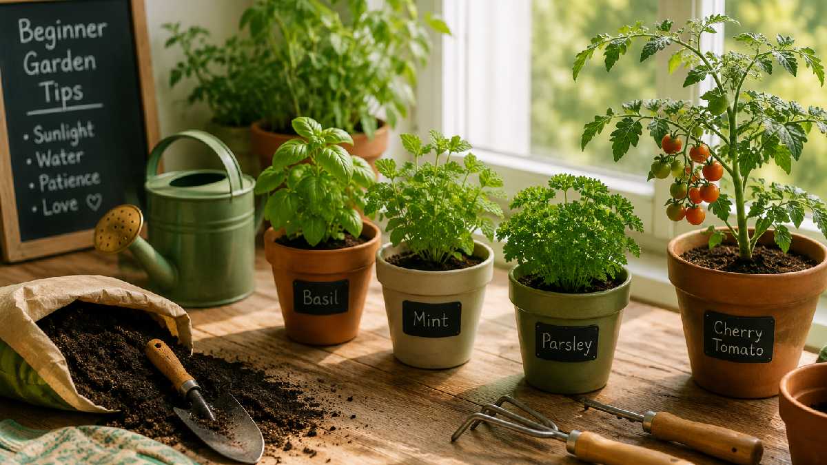 A beginner home gardening setup with small pots of herbs near a bright window with soil and a watering can showing simple steps to start gardening. 