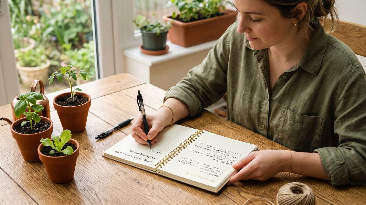 A person writing first plant names and watering notes in a blank gardening journal beside small potted plants showing a simple easy way to start.