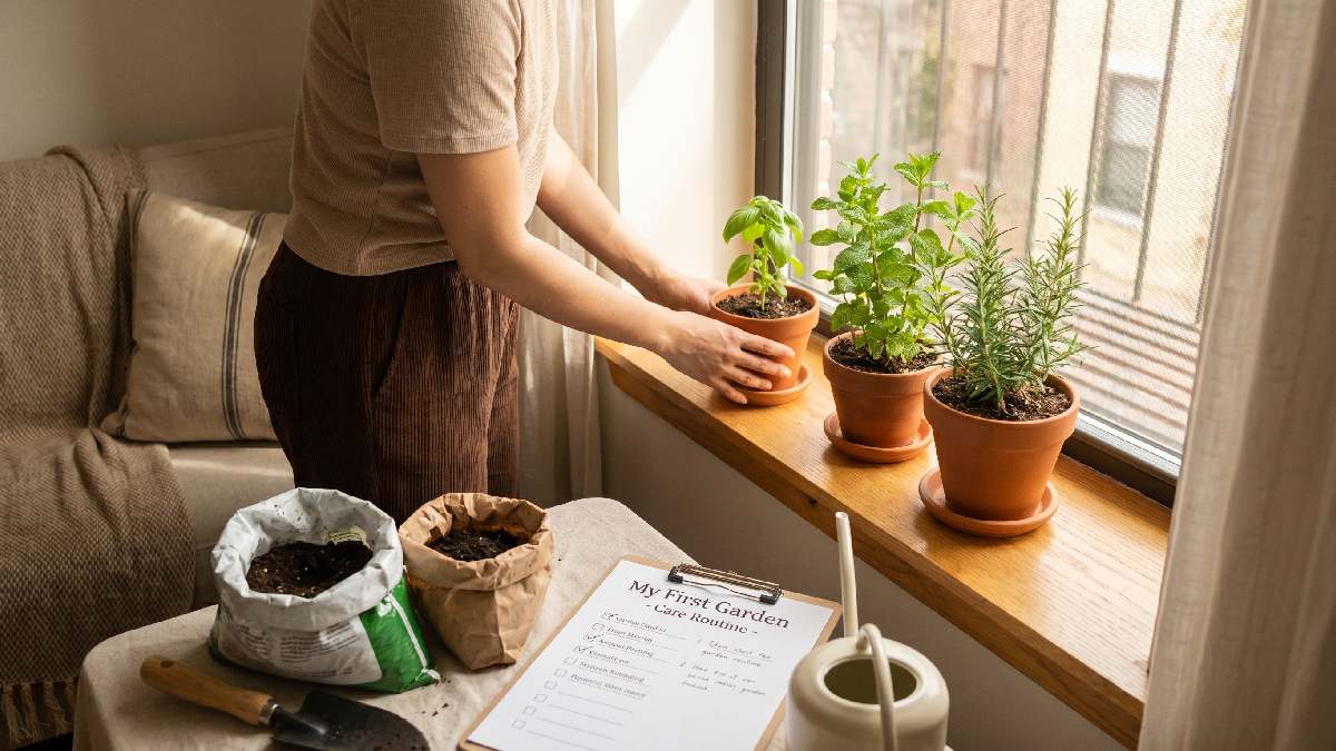 A beginner placing simple herb pots on a bright apartment windowsill with fresh soil showing easy step by step approach to starting an apartment garden. 