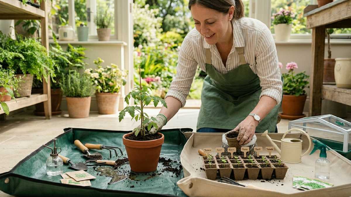 A gardener using a gardening mat effectively for repotting and seed starting in a clean organized controlled workspace to save time and reduce mess. 