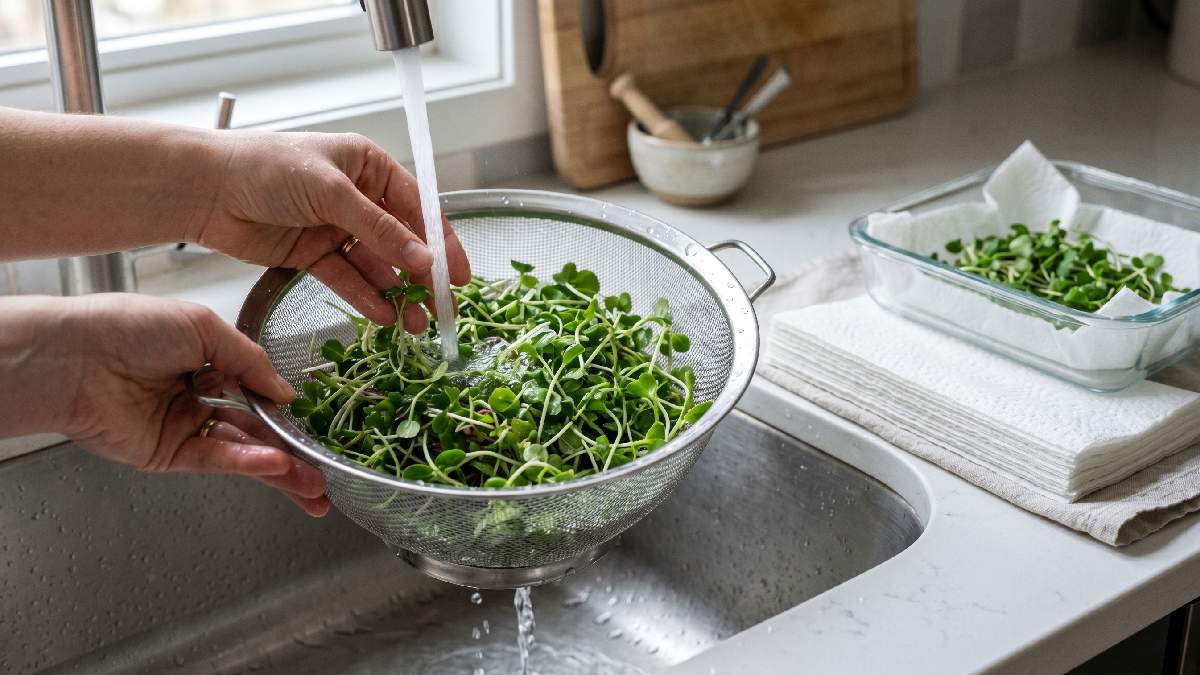 Fresh microgreens being gently washed in a colander and carefully dried showing proper washing and storage handling to keep greens fresh longer.