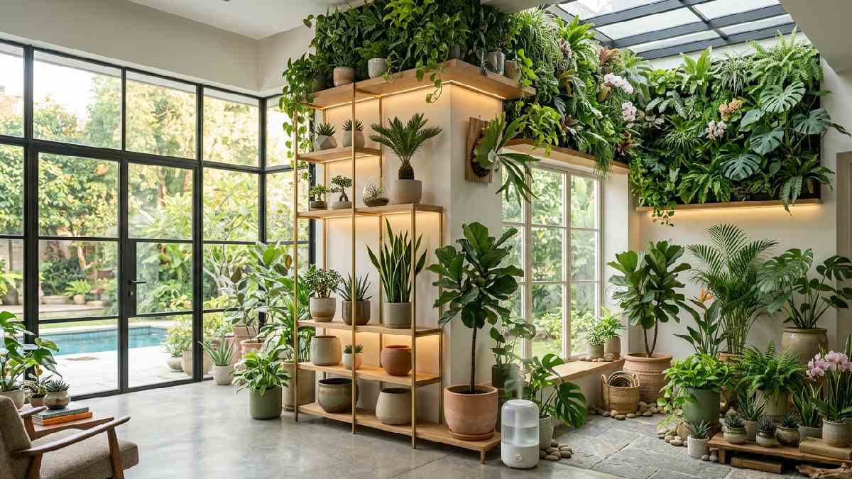 A beautifully designed indoor botanical garden in a modern home with layered plants, wooden shelves, and soft warm lighting creating a vibrant calm atmosphere. 