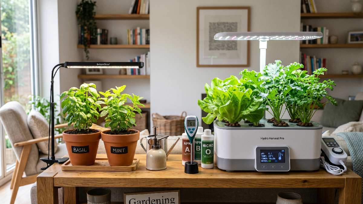 A simple beginner soil pot kit beside an advanced automated hydroponic system showing different indoor gardening system levels for users at home. 