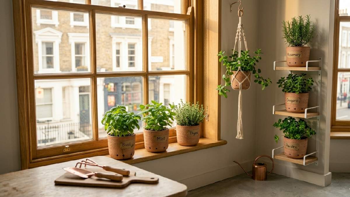 A compact indoor herb garden with pots on a windowsill and vertical shelves showing smart space saving herb gardening in a small apartment. 