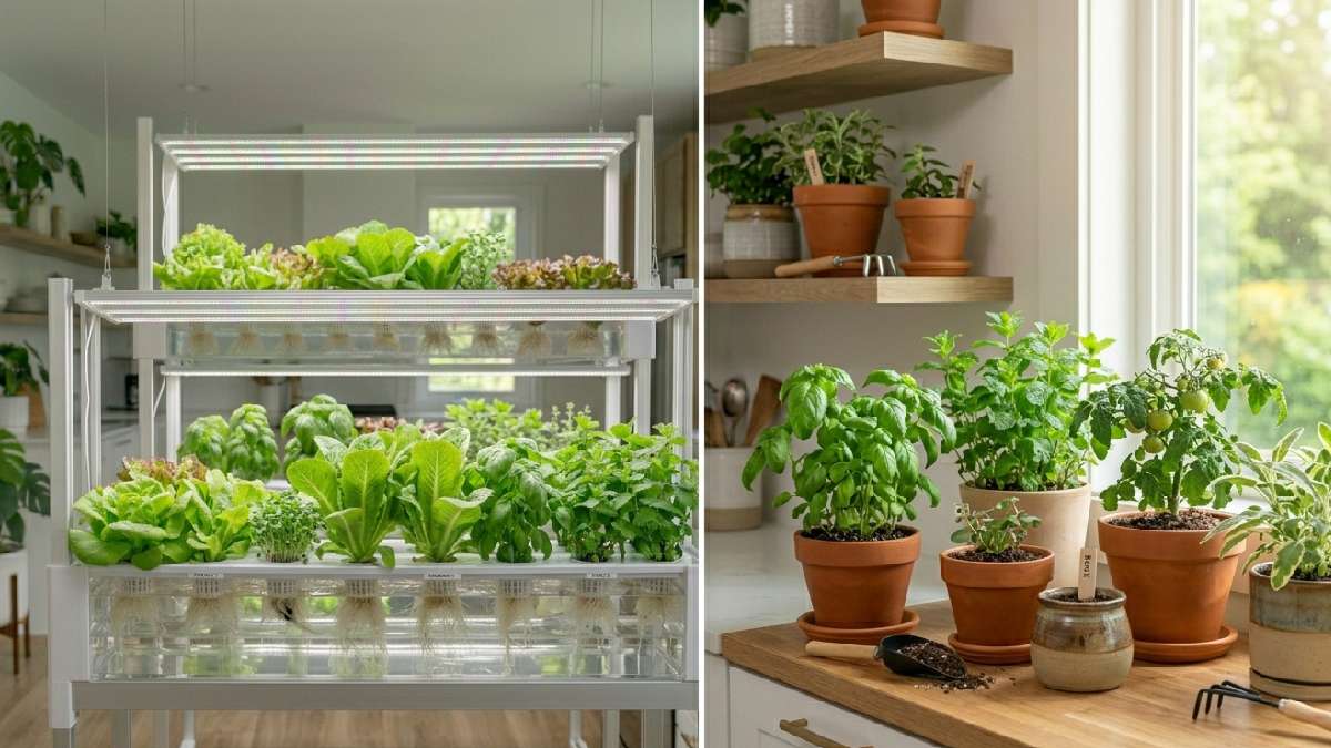 A split image comparing indoor hydroponic garden with water channels beside traditional soil pot gardening showing key differences at home. 