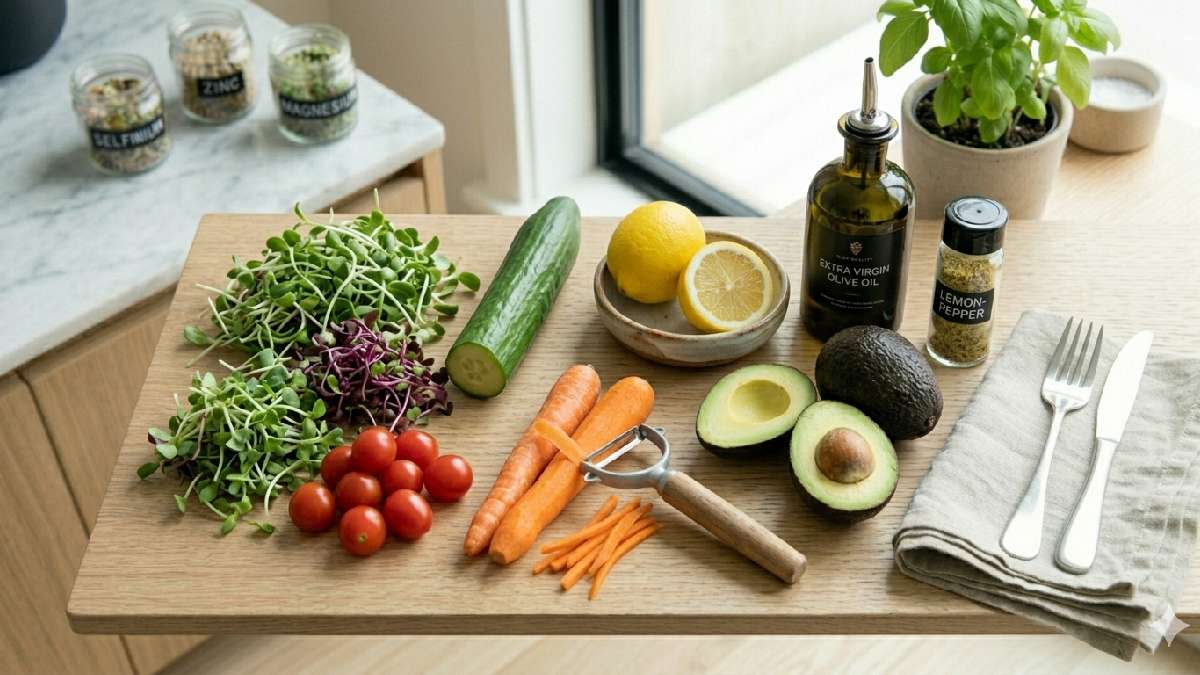 “Ingredients used for homemade microgreen salad.”