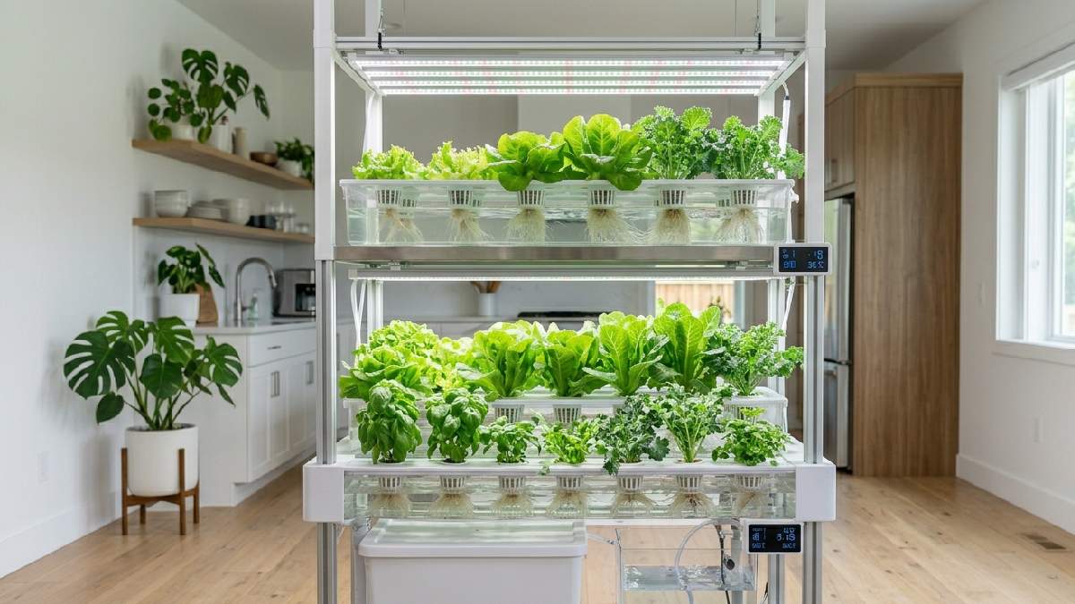 Bright LED grow lights mounted above an indoor hydroponic garden showing correct distance and strong healthy green plant growth below. 