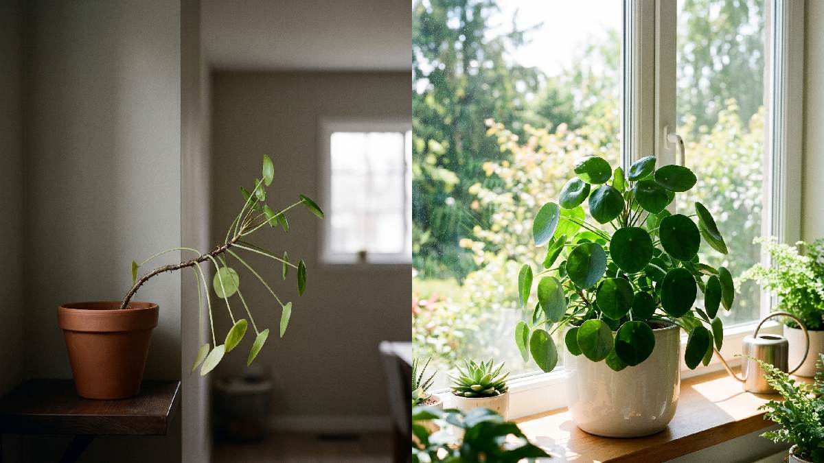 A weak indoor plant bending toward light in a dim corner beside a healthy plant near a bright window showing insufficient light exposure effects. 