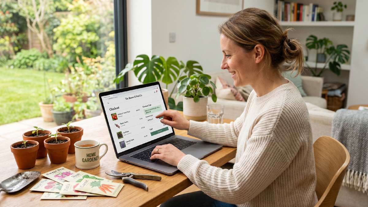 A person applying a gardening voucher code at online checkout with seed packets and plant pots nearby showing how discount codes reduce gardening costs in 2026. 