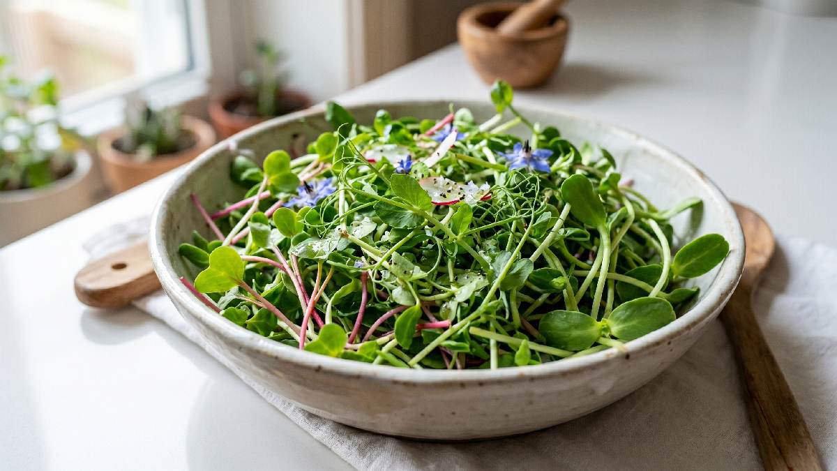 A vibrant microgreen salad bowl with tiny radish, sunflower, and pea shoots showing a fresh healthy and quick everyday meal option.
