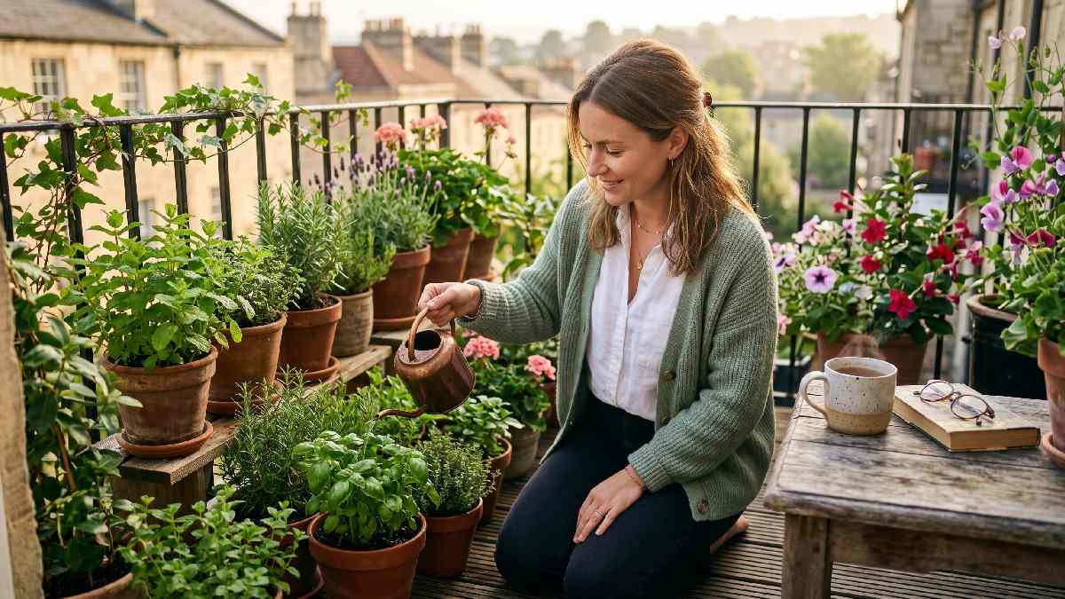 A person peacefully watering indoor plants on a home balcony in the morning creating a calm and relaxing everyday gardening routine.