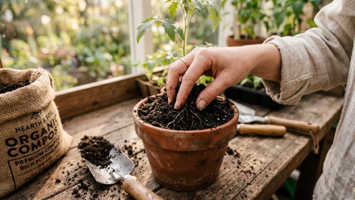A hand checking rich dark healthy soil in a gardening pot with strong plant roots showing how good soil quality supports stronger plant growth at home. 