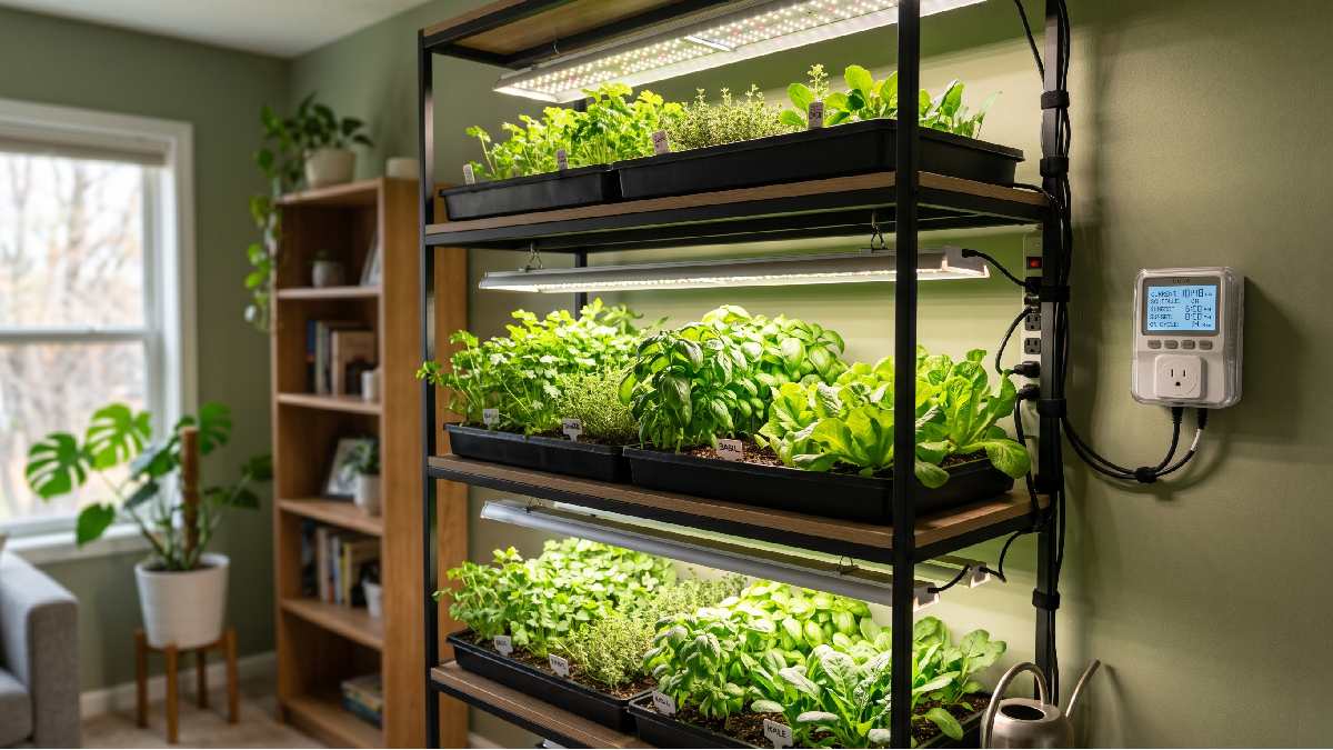 An indoor gardening system with LED grow lights on a timer at correct distance showing proper lighting schedule optimization for healthy plant growth. 