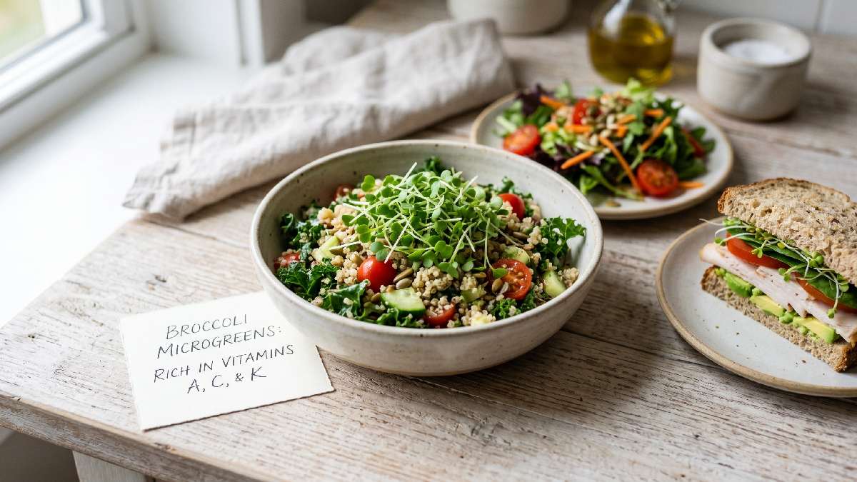 Fresh broccoli microgreens sprinkled over a meal bowl beside salad and sandwich showing concentrated vitamins and nutrients in a simple daily addition.