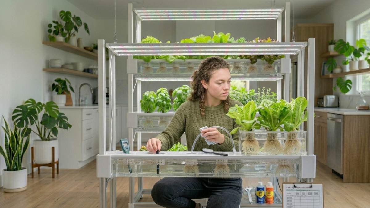 A person checking water levels and cleaning tubes in an indoor hydroponic system showing regular maintenance for healthy plant growth. 