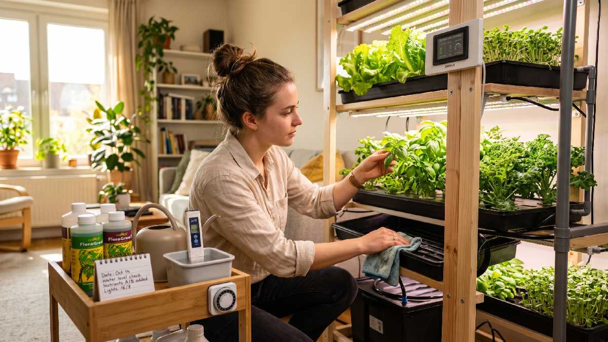 A person cleaning trays, checking nutrient levels, and adjusting grow lights showing proper maintenance tips for indoor gardening systems at home. 