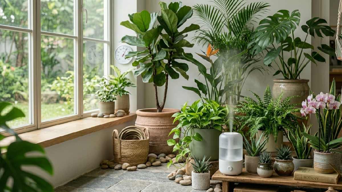 Healthy tropical indoor plants near a humidifier with a thermometer on the wall showing proper humidity and temperature management at home. 