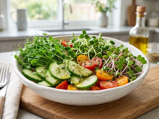 A fresh colorful microgreen salad in a white bowl with radish, sunflower, and pea shoots mixed with vegetables and light dressing on a clean kitchen surface.