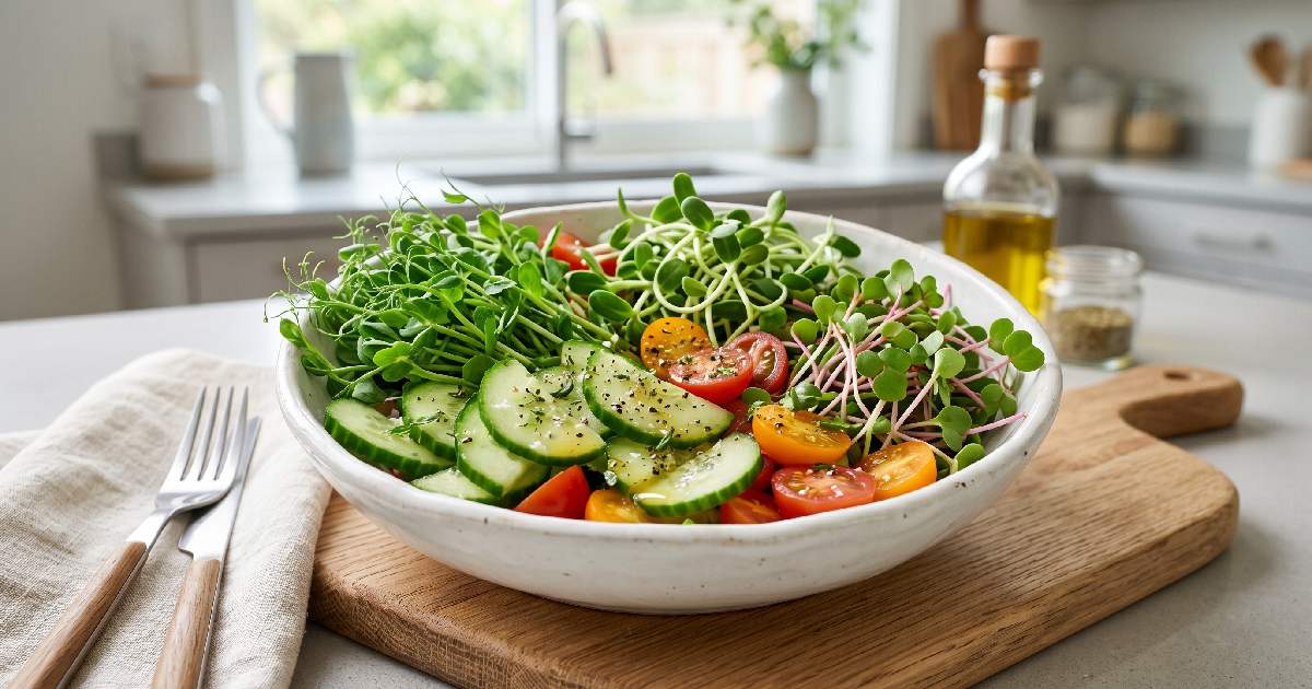 A fresh colorful microgreen salad in a white bowl with radish, sunflower, and pea shoots mixed with vegetables and light dressing on a clean kitchen surface.