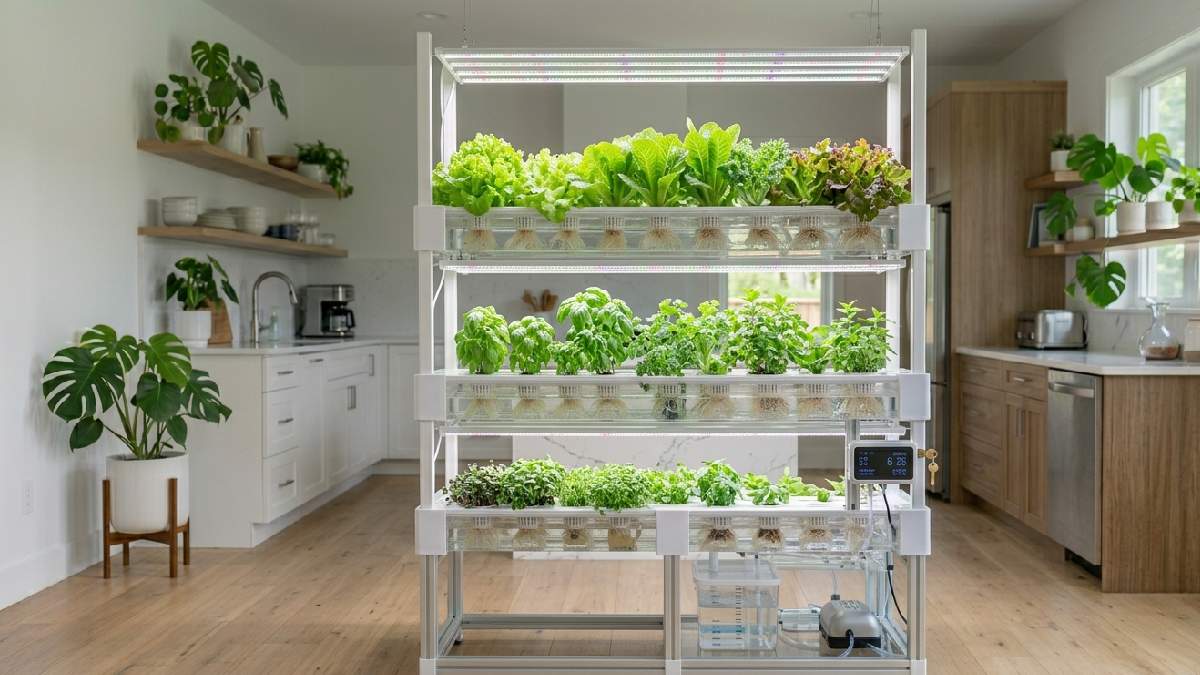 A mid range indoor hydroponic system with LED lights, reservoir, timer, and vertical trays showing stable and organized home growing setup. 