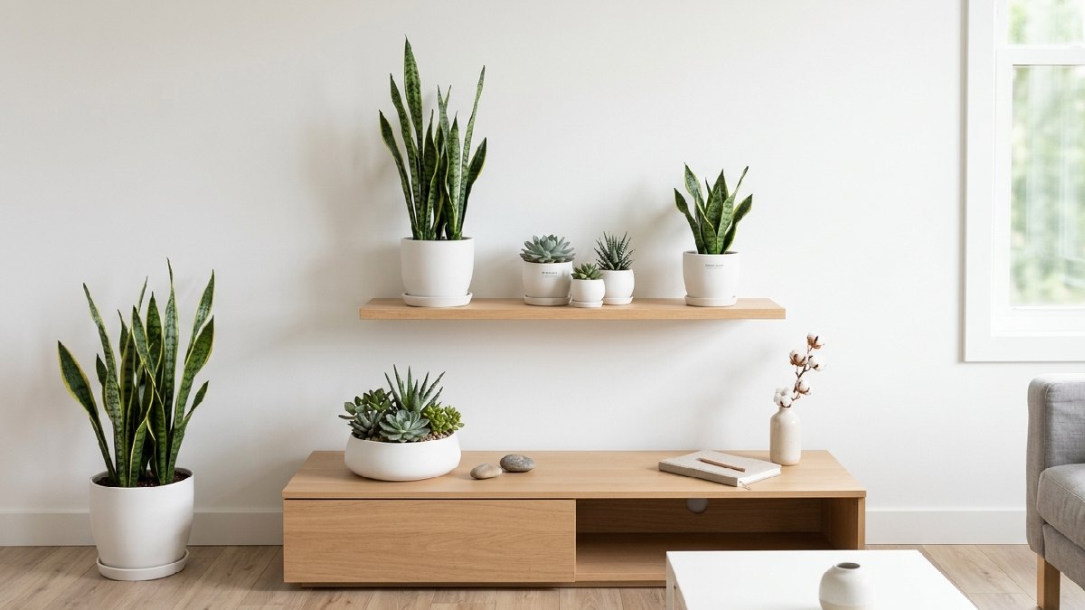 A minimalist indoor botanical design with snake plants and succulents in white pots against clean white walls creating a calm modern green space. 